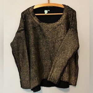 Shu Shu Woman’s  L/Xl Black Boucle and Gold Painted Pullover Sweater HiLo